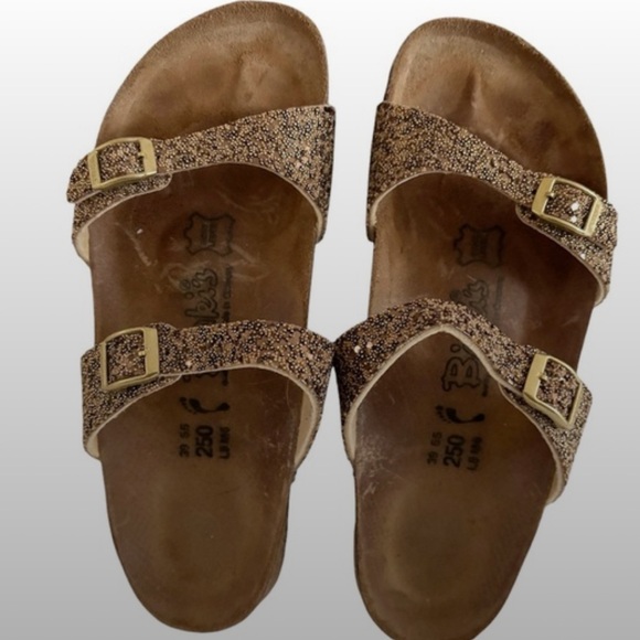 Birkenstock Shoes - Birkenstock Birkis Sydney Gold Glitter Finish Sandals